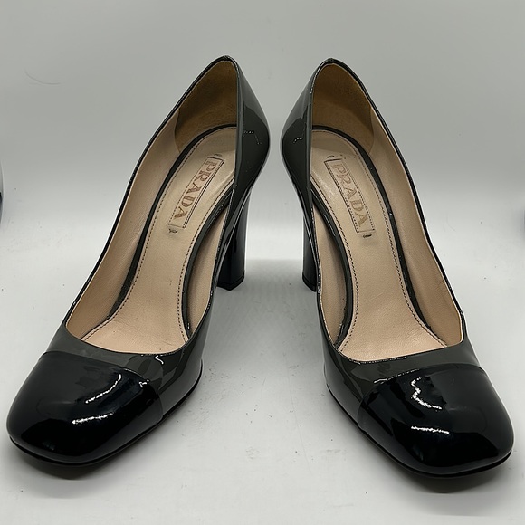 Prada Authenticated Black/Dark Gray Leather High Heels Shoes *Sz 37.5/US Sz 7.5* - Picture 3 of 11